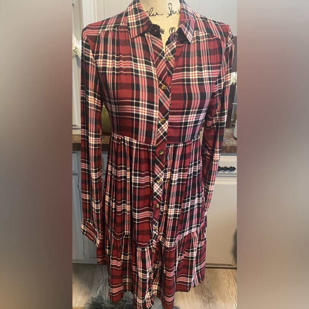 NWT Ultra Flirt Junior Red Plaid Long Sleeve Roll Tab Shirtdress